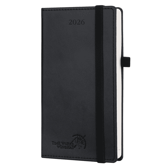 POPRUN 2026 Pocket Calendar for Purse (Jan. 2026-Dec. 2026), Slim Size-3.5'' x 6.5'', 12 Months Small Planner Weekly and Monthly with Pen Holder, Storage Pocket, Vegan Leather Hardcover - Black