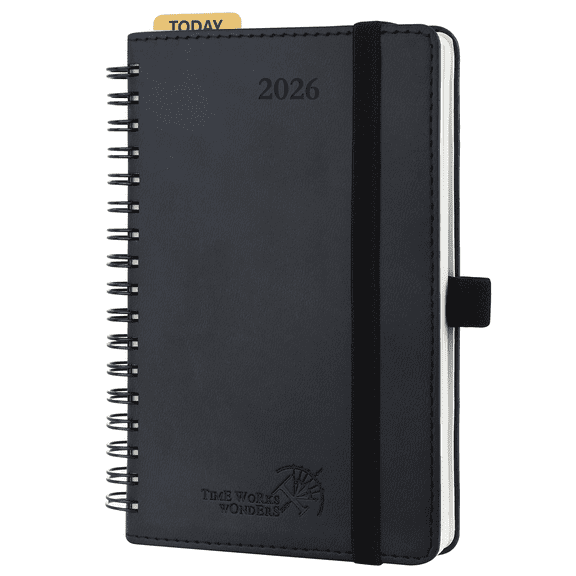 POPRUN 2026 Pocket Calendar, Jan. 2026-Dec. 2026, Purse Size-4" x 6.25", 12-Month Small Weekly Planner with Hourly Time Slots, Spiral Leather Cover, 100GSM Thick Paper - Black