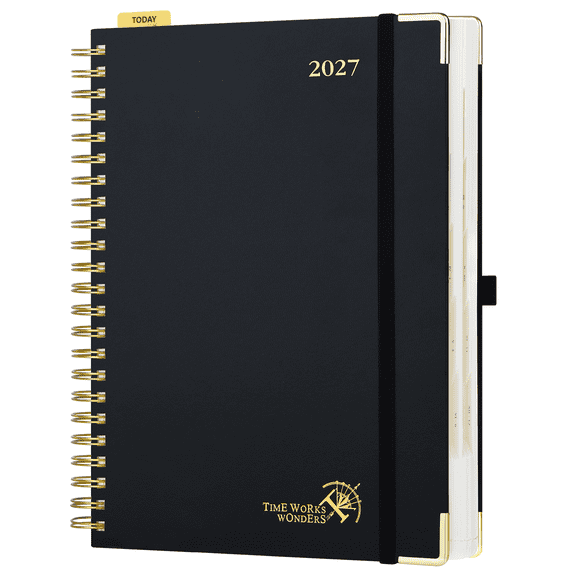 POPRUN 2027 Daily Planner One Page Per Day, 8.5" x 12" (Jan 27-Dec 27), Hourly Appointment Book with Inner Pocket, Spiral Bound Hard Cover, Black