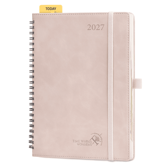 POPRUN 2027 Planner Weekly and Monthly Calendar, 6.5" x 8.5" (Jan-Dec 2027) Agenda, Daily Appointment Book with Pocket, Spiral Bound Hardcover, Soft Pink
