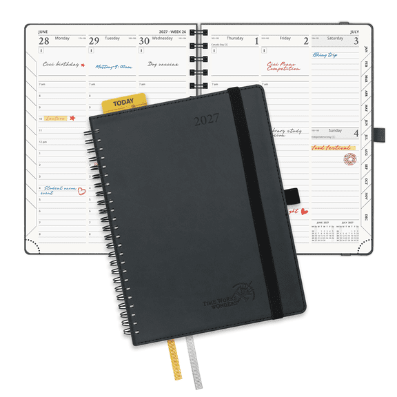 POPRUN 2027 Planner Weekly and Monthly Calendar, 6.5" x 8.5" (Jan-Dec 27) Daily Appointment Book with Inner Pocket, Spiral Leather Softcover, Black