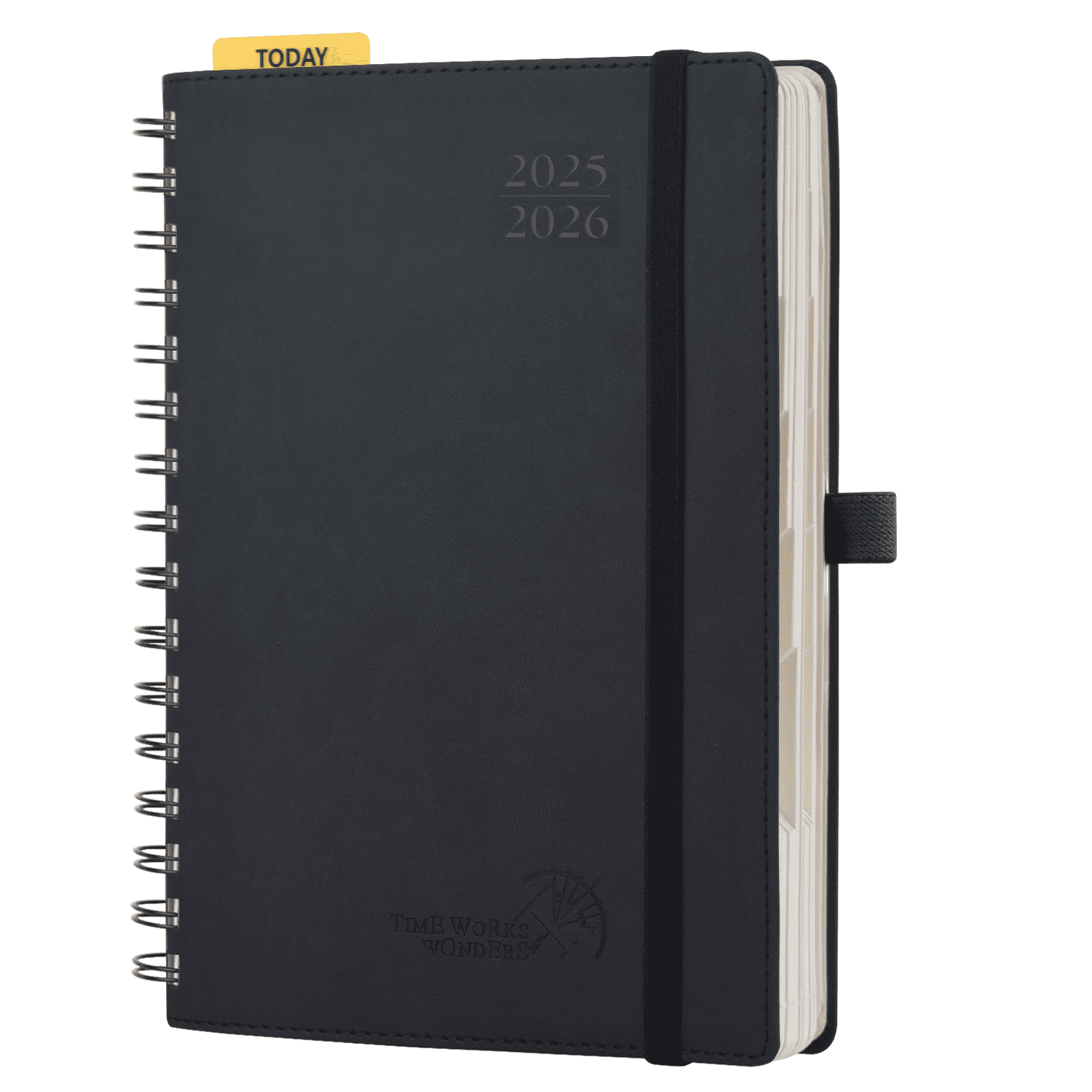 POPRUN Daily Planner 2025-2026, A5-6" x 8.5", Spiral Bound, PU Leather Softcover, Hourly Appointment Book with One Page per Day, Storage Pockets, Black