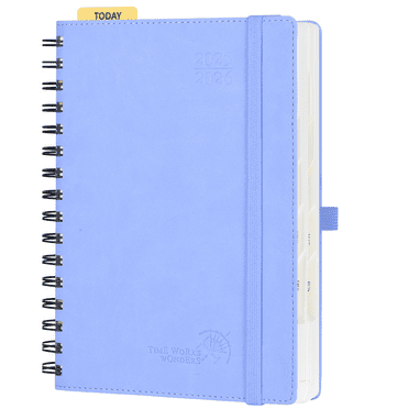 POPRUN Daily Planner 2025-2026, A5-6" x 8.5", Spiral Bound, PU Leather Softcover, Hourly Appointment Book with One Page per Day, Storage Pockets, Cornflower