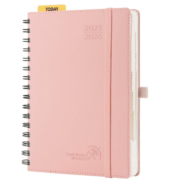 POPRUN Academic Daily Planner 2025-2026, A5-6" x 8.5", Spiral Bound, PU Leather Softcover, Hourly Appointment Book with One Page per Day, Storage Pockets, Soft Pink