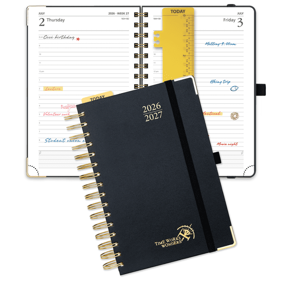 POPRUN 2026-2027 Daily Planner, 5.75" x 8.5", (Jul.26-Jun.27) Academic Calendar Book with One Page Per Day Planner, Spiral Hard Cover, Black