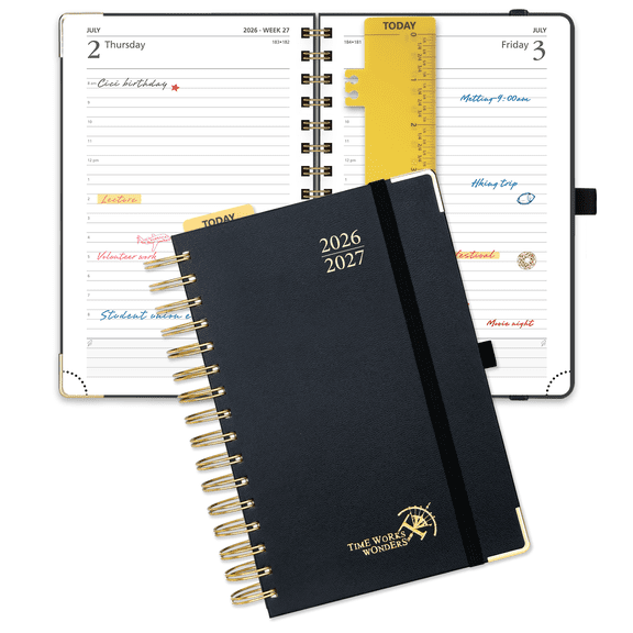 POPRUN 2026-2027 Daily Planner, 5.75" x 8.5", (Jul.26-Jun.27) Academic Calendar Book with One Page Per Day Planner, Spiral Hard Cover, Black
