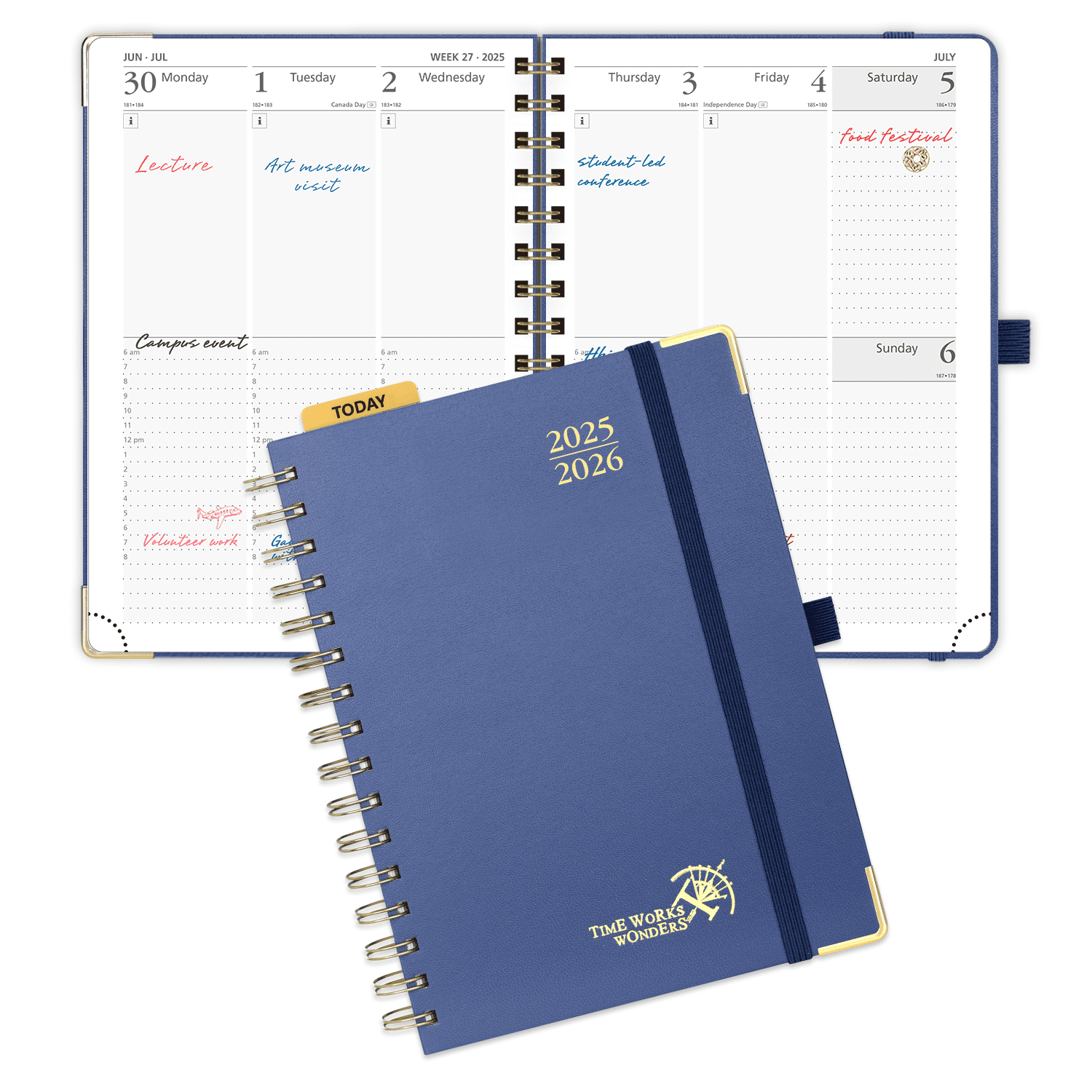 POPRUN Academic Planner 2025-2026, A5-6.25" x 8.5", Spiralbound Hard Cover, Daily Weekly and Monthly Appointment Book with Hourly Time Slots, 100 GSM, Navy Blue