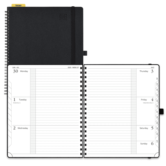 POPRUN Horizontal Weekly Planner 2025-2026, Meidum 6.75" x 8.75", Spiral-Bound Academic Calendar Notebook (July 2025-June 2026) with Leather Soft Cover, Monthly Tabs, Inner Pocket, 100 GSM - Black