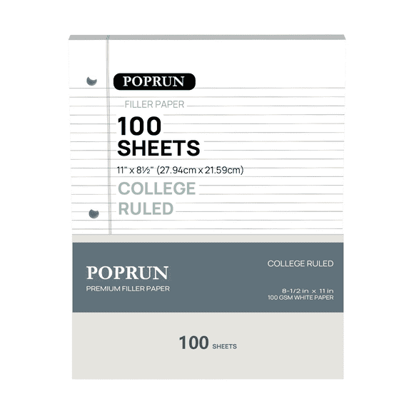 POPRUN Loose Leaf Paper, 8.5" x 11" College Ruled, 100GSM / Grade AA Bulk Lined Filler Sheets, 3 Hole Punched for Binder Notebook, 1 Pack (100 Sheets), White