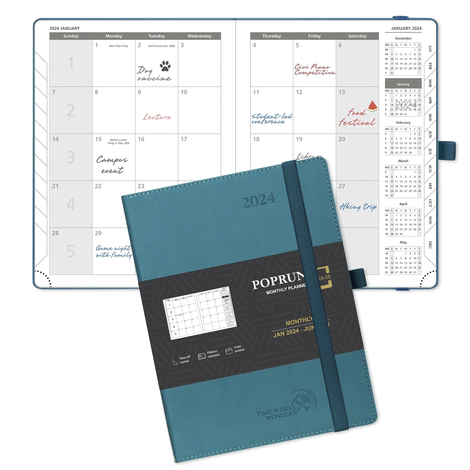 POPRUN Monthly Planner 2024-2025 (6.5'' x 8.5'') 18-Month Calendar Book