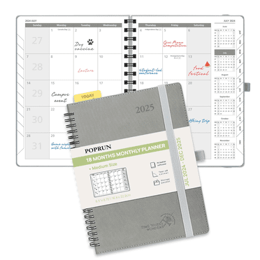 POPRUN Monthly Planner 2024-2025 Spiral Bound (6.5'' X 8.5'') 18 Months Calendar (Jul 2024 - Dec 2025) - 4 Pages Per Month With Monthly Expense & Notes, Sunday Start, Leather Cover - Pacific Green