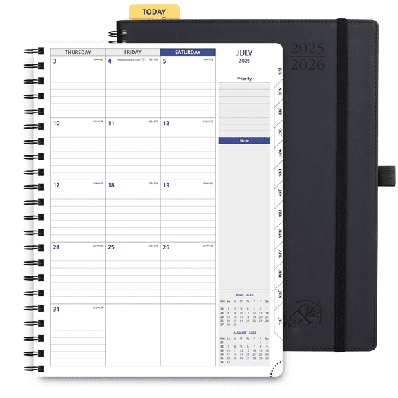 POPRUN Monthly Planner 2025-2026, 8.5'' x 11.25'', Spiral Bound Monthly Calendar (July 2025-July 2026) Appointment Book with Monthly Tabs, PU Leather Softcover - Black