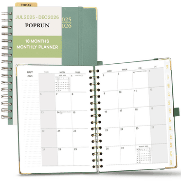 POPRUN Monthly Planner 2025-2026, A5-6.25" x 8.5", 18 Months Calendar with Spiral Hardcover, Dotted Note Pages, Sunday Start, Laminated Tab, Midnight Green