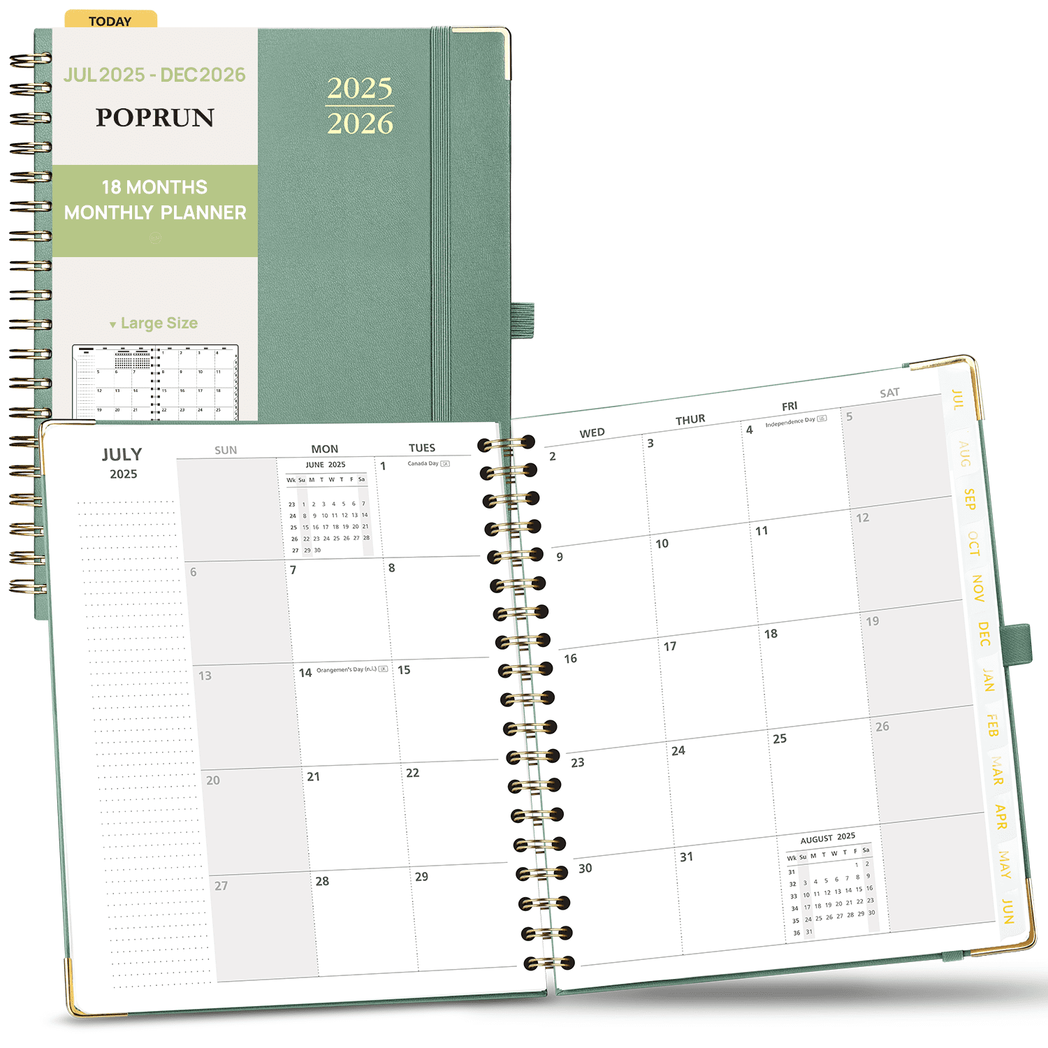POPRUN Monthly Planner 2025-2026, B5-8" x 10", 18 Months Calendar with Spiral Hardcover, Dotted Note Pages, Sunday Start, Laminated Tab, Midnight Green