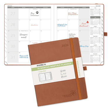 POPRUN Monthly Planner 2025-2026, Large-8.5" x 10.5", 18-Month Academic Calendar Book (July 25-Dec 26) with Soft Cover, Monthly Tabs & Pocket, 100 GSM Paper - Brown