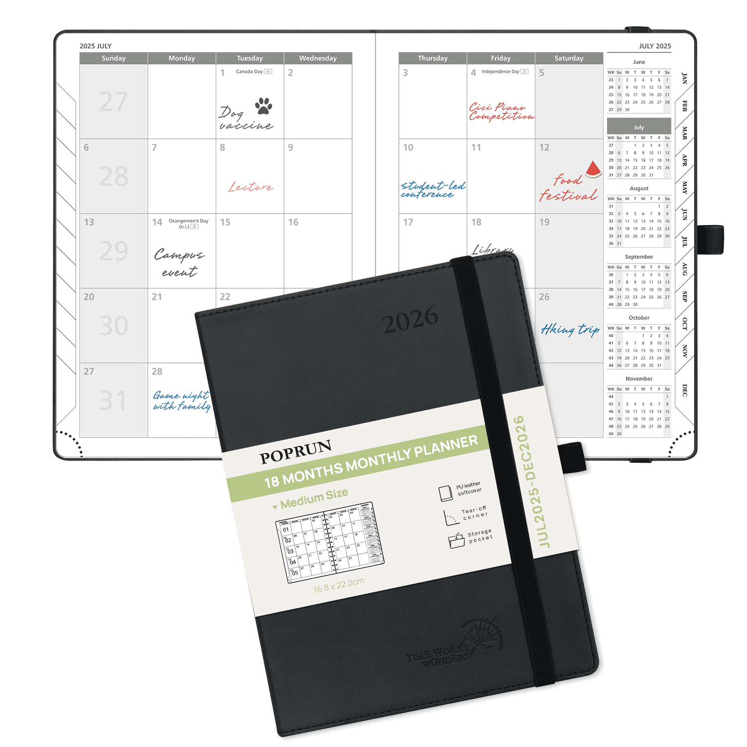 POPRUN Monthly Planner 2025-2026, Medium-6.5'' x 8.5'', 18-Month