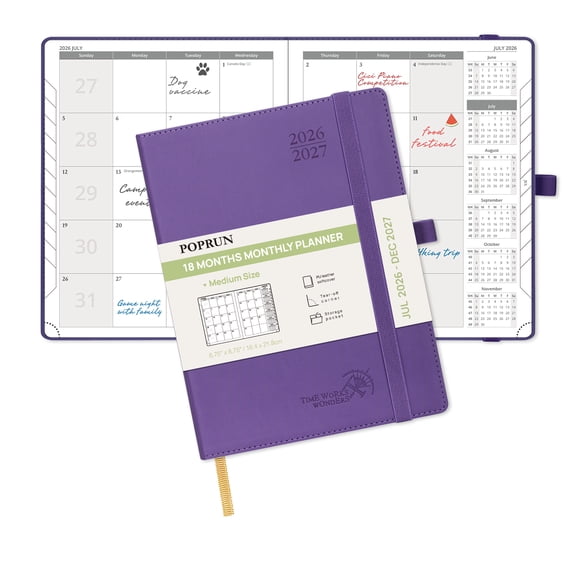 POPRUN, Monthly Planner, 6.5"x8.5", 18-Month Academic Calendar