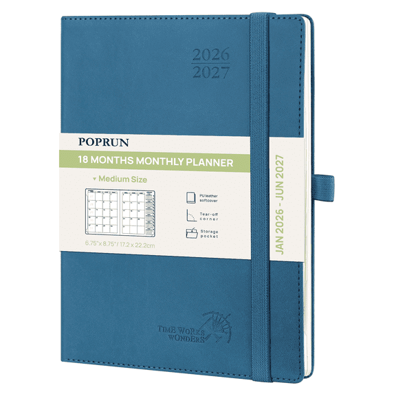 POPRUN Monthly Planner 2026-2027, Jan.2026 - Jun.2027, Medium - 6.5" x 8.5" , 18-Month Calendar Book, Calendar Planner with Monthly Tabs, Storage Pocket, Soft Cover, 100 GSM Paper - Night Sky Blue