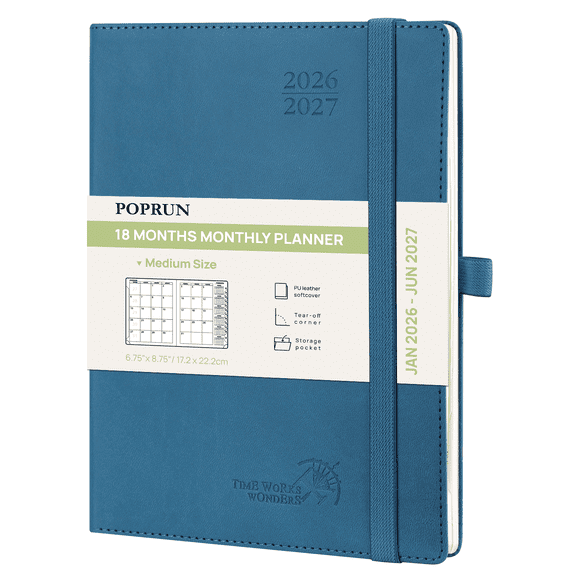 POPRUN Monthly Planner 2026-2027, Jan.2026 - Jun.2027, Medium - 6.5" x 8.5" , 18-Month Calendar Book, Calendar Planner with Monthly Tabs, Storage Pocket, Soft Cover, 100 GSM Paper - Night Sky Blue