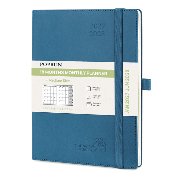 POPRUN Monthly Planner 2027-2028, 6.5" x 8.5" (Jan 27-Jun 28), 18 Month Calendar Book with Pocket & Monthly Tabs, Leather Softcover, Night Sky Blue