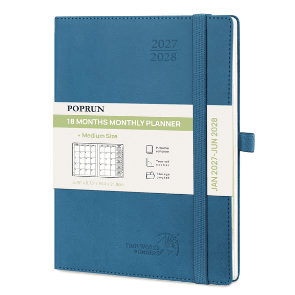 POPRUN Monthly Planner 2027-2028, 6.5" x 8.5" (Jan 27-Jun 28), 18 Month Calendar Book with Pocket & Monthly Tabs, Leather Softcover, Night Sky Blue
