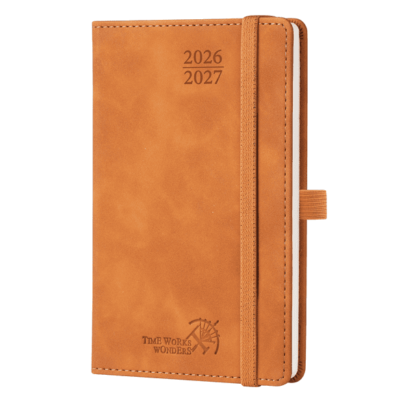 POPRUN Monthly Planner 2026-2027, Pocket Size-4" x 6.25" Hard Cover, 2 Year Pocket Calendar Book for Purse (Jan.2026 - Dec.2027), 100 GSM Thick Paper - Brown