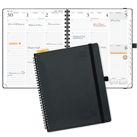 POPRUN Planner 2025-2026, K7-8.5" x 10.5", Academic Weekly Calendar with Hourly Time Slots, Spiral-Bound Leather Cover, 100GSM Papers, Black