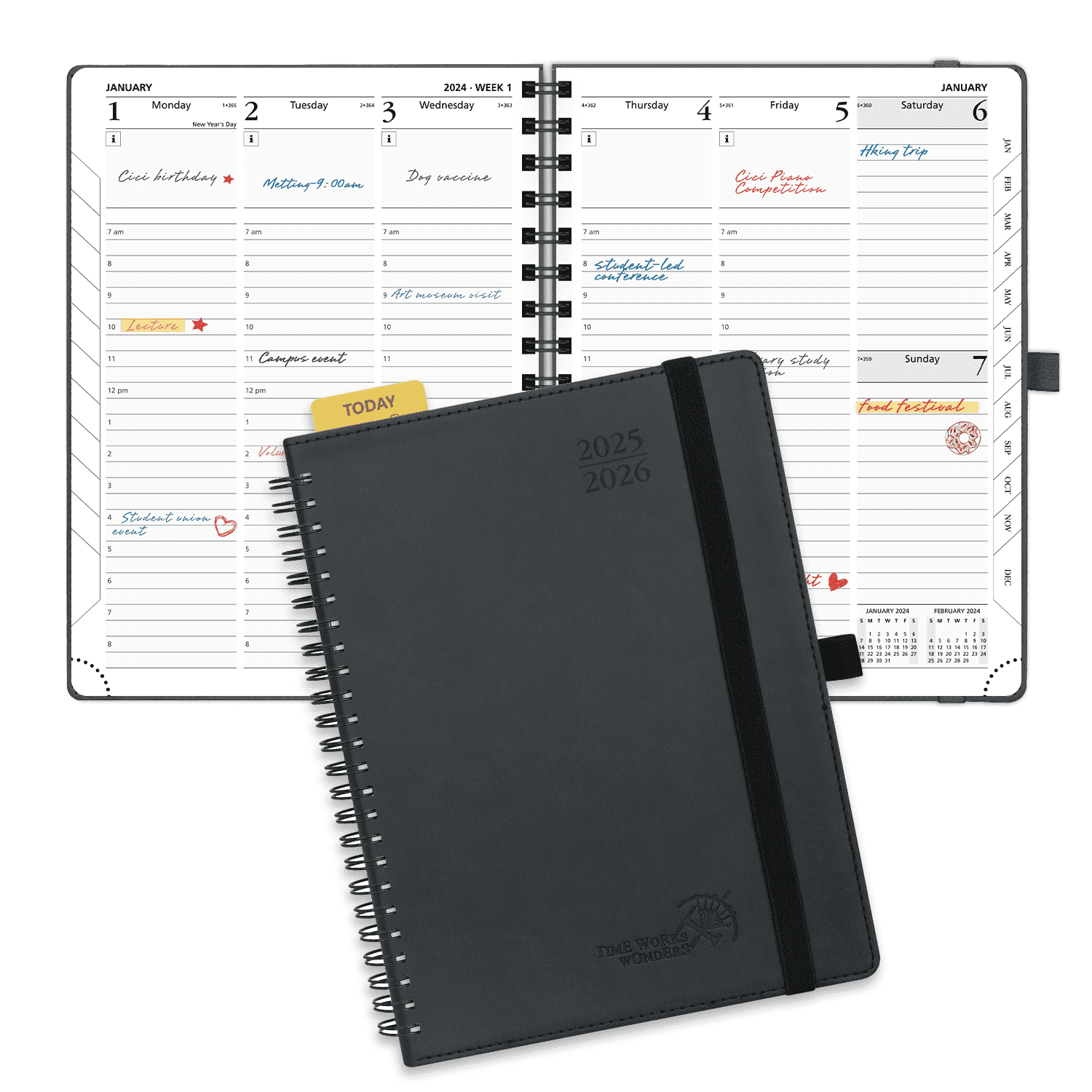 POPRUN Planner 2025-2026, O7-6.5" x 8.5", Academic Weekly Calendar with Hourly Time Slots, Spiral-Bound Leather Cover, 100GSM Papers, Black