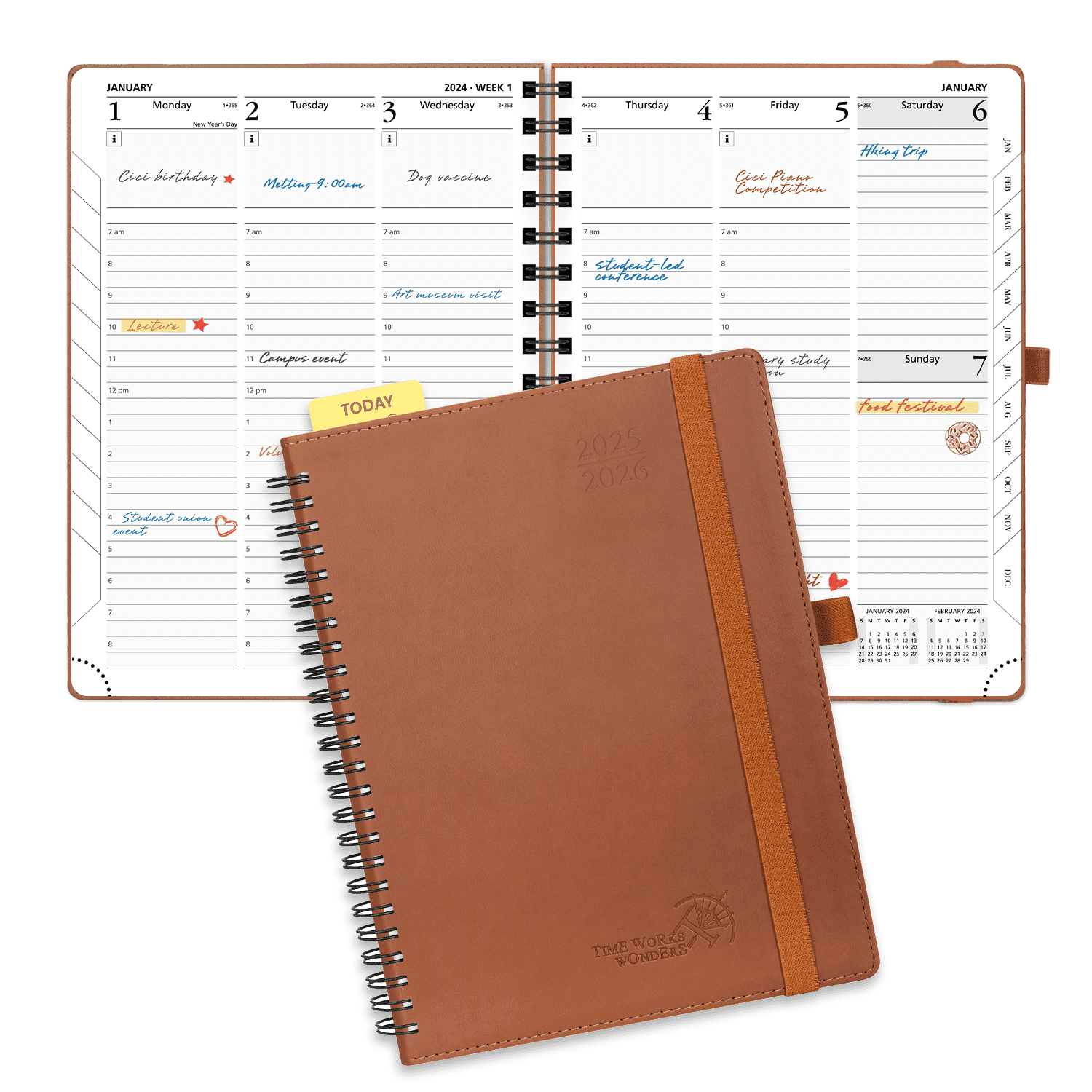 POPRUN Planner 2025-2026, O7-6.5" x 8.5", Academic Weekly Calendar with Hourly Time Slots, Spiral-Bound Leather Cover, 100GSM Papers, Brown