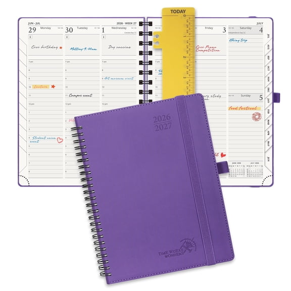 POPRUN Planner 2026-2027, 6.5" x 8.5", Academic Weekly and Monthly Planner (Jul.26-Jun.27) Appointment Book with Hourly Schedule, Inner Pocket, Spiral Leather Cover, 100GSM Paper - Purple