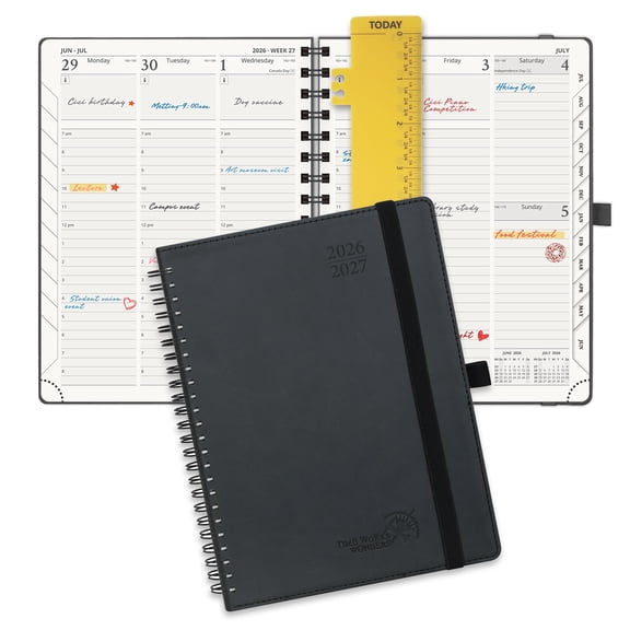 POPRUN Planner 2026-2027, 6.5" x 8.5", Academic Weekly and Monthly Planner (Jul.26-Jun.27) Appointment Book with Hourly Schedule, Inner Pocket, Spiral Leather Cover, 100GSM Paper - Black