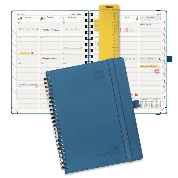 POPRUN Planner 2026-2027, O7-6.5" x 8.5", Academic Weekly Appointment Book (July 26-June 27) with Hourly Schedule, Spiral-Bound Leather Cover, Monthly Tabs & Pocket, 100 GSM, Night Sky Blue