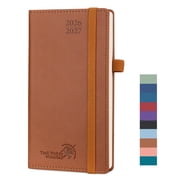 POPRUN Pocket Planner 2026-2027, 3.5" x 6.5", (Aug 26-Dec 27) Academic Pocket Calendar for Purse with Storage Pocket, Vegan Leather Hardcover - Brown