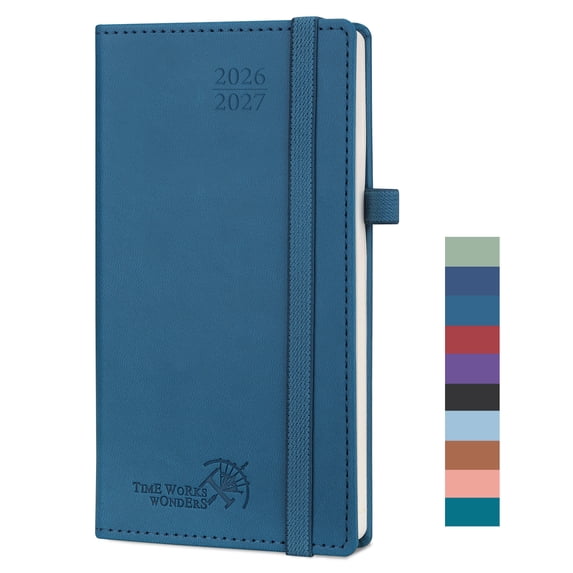 POPRUN Pocket Planner 2026-2027, 3.5" x 6.5", (Aug 26-Dec 27) Academic Pocket Calendar for Purse with Storage Pocket, Vegan Leather Hardcover - Night Sky Blue