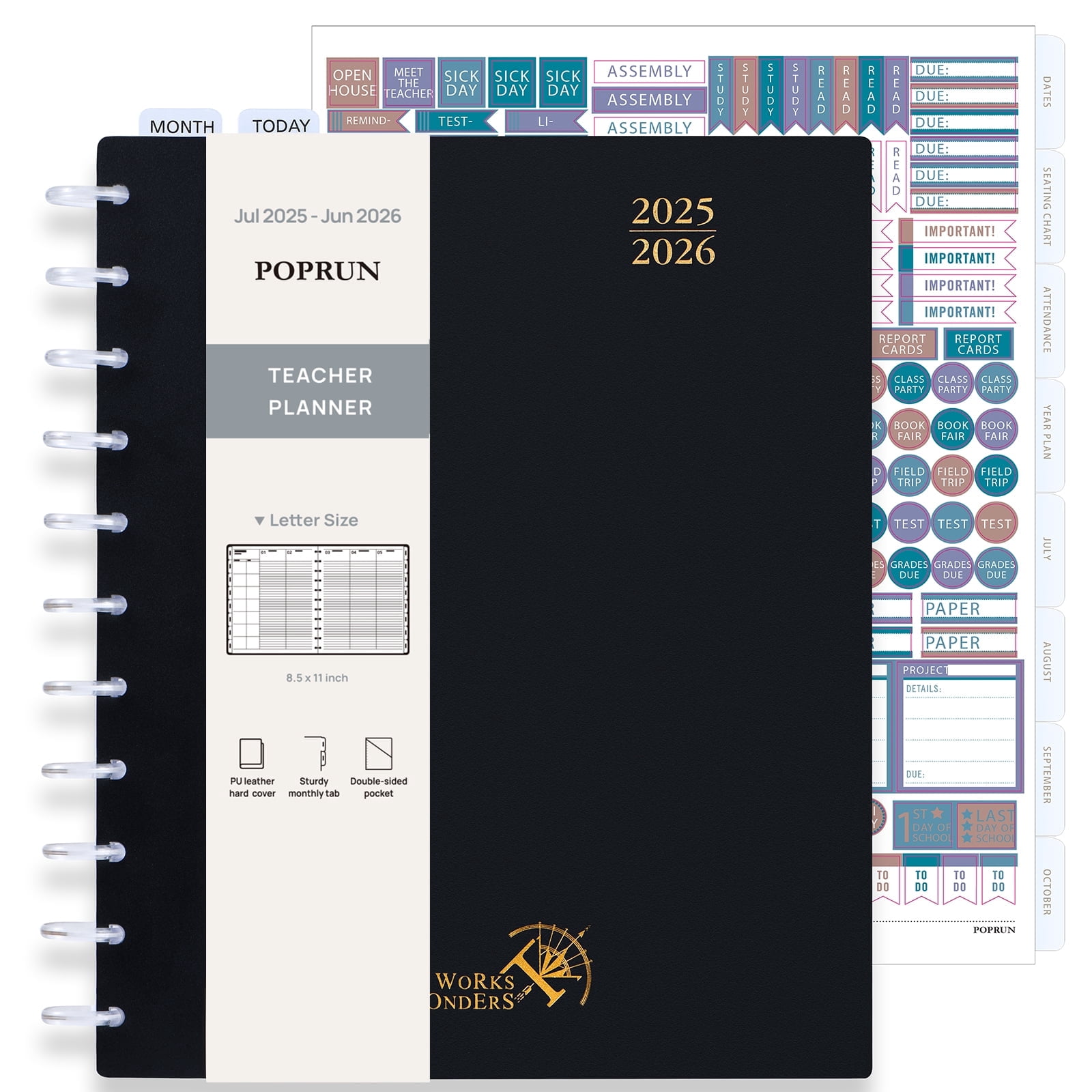 POPRUN Teacher Planner 2025-2026, Letter Size-8.5'' x 11'', Academic Lesson Planner with Monthly Tabs, 2-Sided Pocket, Disc-Bound Hard Cover, 100GSM, Black