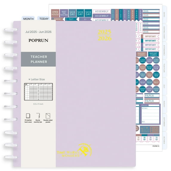 POPRUN Teacher Planner 2025-2026, Letter Size-8.5'' x 11'', Academic Lesson Planner with Monthly Tabs, 2-Sided Pocket, Disc-Bound Hard Cover, 100GSM, Light Pink