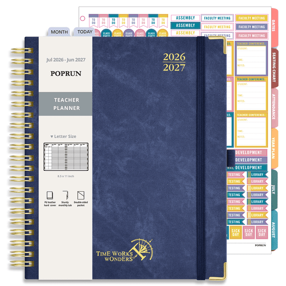 POPRUN Teacher Planner 2026-2027, 8.5"x11", Academic Lesson Plan Book for Teachers (Jul.26 - Jun.27), Weekly and Monthly with Gradebook, 2-Sided Pocket, Leather Hard Cover for Classroom,Night Sky Blue