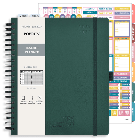 POPRUN Teacher Planner 2026-2027, 8.5"x11", Academic Year Lesson Plan Book for Teachers(Jul.26 - Jun.27), Weekly and Monthly with Gradebook, Inner Pocket, Leather Hard Cover for Classroom, Evergreen