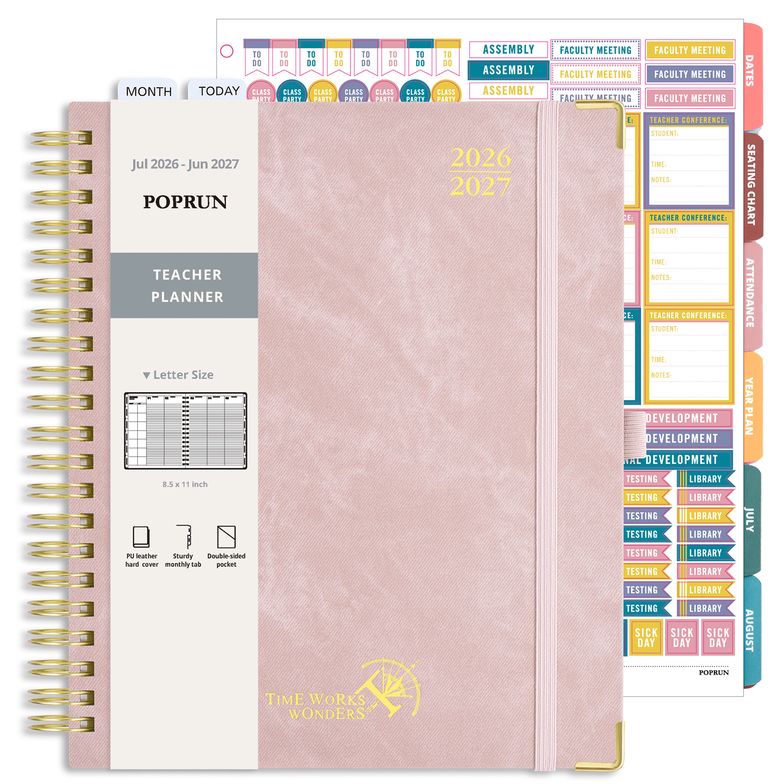 POPRUN Teacher Planner 2026-2027, 8.5"x11", Academic Year Lesson Plan Book for Teachers (Jul.26 - Jun.27), Weekly and Monthly with Gradebook, 2-Sided Pocket, Leather Hard Cover for Classroom, Pink