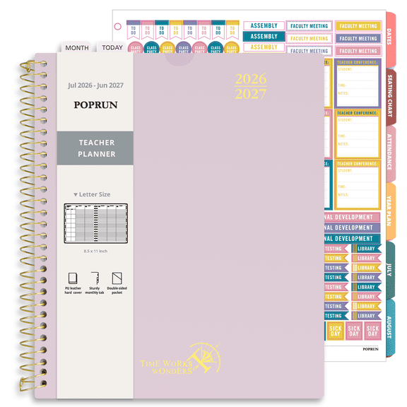POPRUN Teacher Planner 2026-2027, 8.5"x11", Academic Lesson Plan Book for Teachers (Jul.26 - Jun.27), Weekly and Monthly with Gradebook, 2-Sided Pocket, Flexible PP Cover for Classroom, Light Pink
