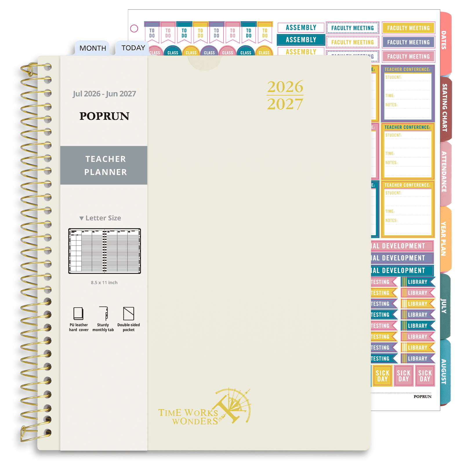 POPRUN Teacher Planner 2026-2027, 8.5"x11", Academic Lesson Plan Book for Teachers (Jul.26 - Jun.27), Weekly and Monthly with Gradebook, 2-Sided Pocket, Flexible PP Cover for Classroom, Beige