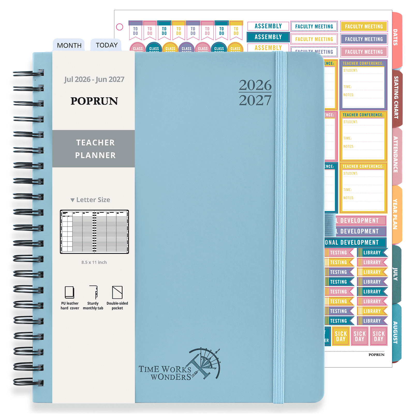 POPRUN Teacher Planner 2026-2027, 8.5"x11", Academic Year Lesson Plan Book for Teachers(Jul.26 - Jun.27), Weekly and Monthly with Gradebook, Inner Pocket, Leather Hard Cover for Classroom, Dutch Blue