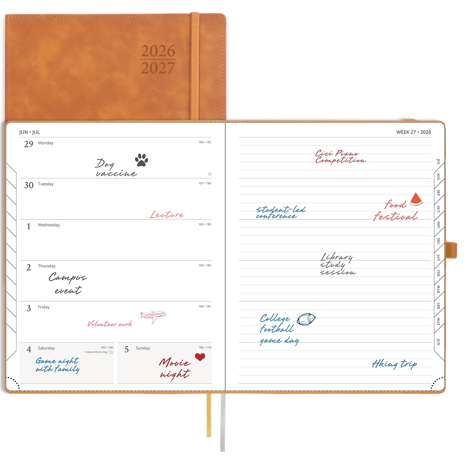 POPRUN Planner 2026-2027, Weekly and Monthly Academic Planner Calendar Notebook (Jul.26-Jun.27), 8.5"x10.5", Inner Pocket, Monthly Tabs, Leather Soft Cover - Brown