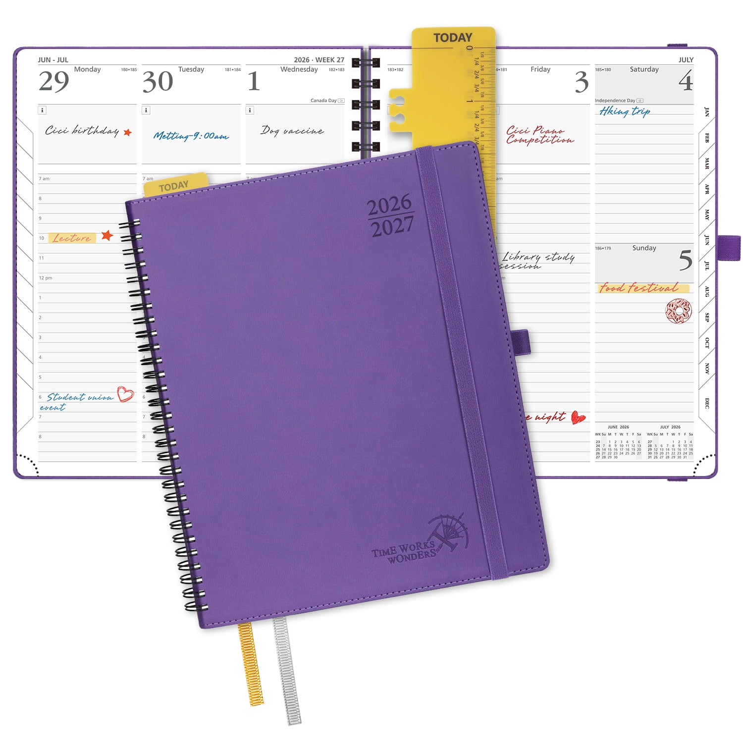 POPRUN Planner 2026-2027, 8.5" x 10.5", Academic Weekly and Monthly Planner (Jul.26-Jun.27) Appointment Book with Hourly Schedule, Inner Pocket, Spiral Leather Cover, 100GSM Paper - Purple