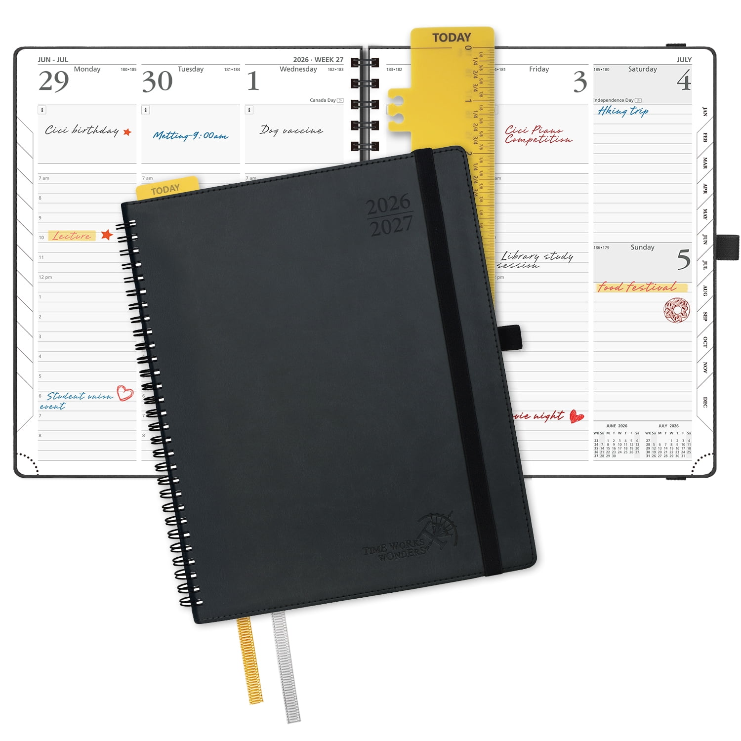 POPRUN Planner 2026-2027, 8.5" x 10.5", Academic Weekly and Monthly Planner (Jul.26-Jun.27) Appointment Book with Hourly Schedule, Inner Pocket, Spiral Leather Cover, 100GSM Paper - Black