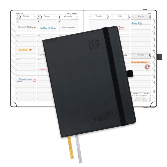 POPRUN Weekly Planner 2026-2027, Medium-6.5" x 8.5", 12-Month Academic Calendar Book (July 26-June 27) with Hourly Time Slots, Leather Soft Cover, 100 GSM Paper, Black