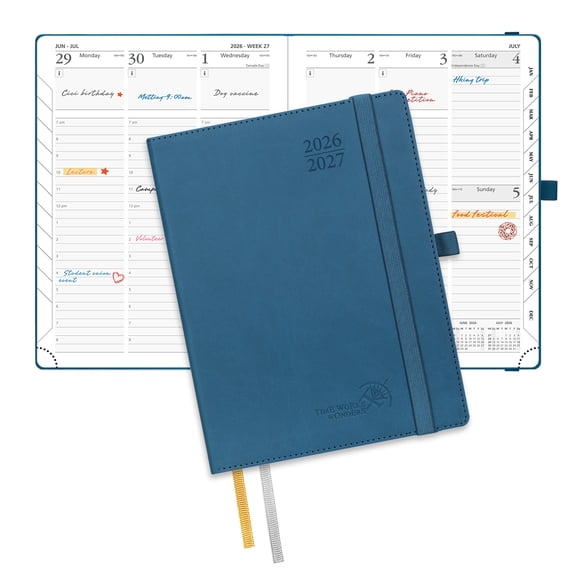 POPRUN Weekly Planner 2026-2027, Medium-6.5" x 8.5", 12-Month Academic Calendar Book (July 26-June 27) with Hourly Time Slots, Leather Soft Cover, 100 GSM Paper, Night Sky Blue