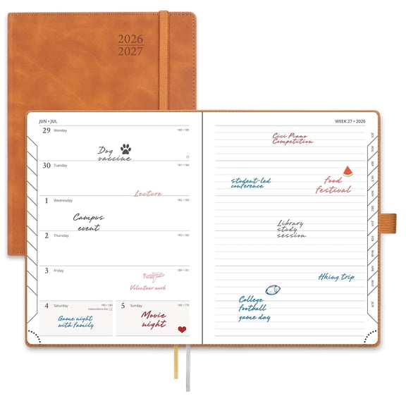 POPRUN Planner 2026-2027, Weekly and Monthly Academic Planner Calendar Notebook (Jul.26-Jun.27), 6.5"x8.5", Inner Pocket, Monthly Tabs, Leather Soft Cover - Brown