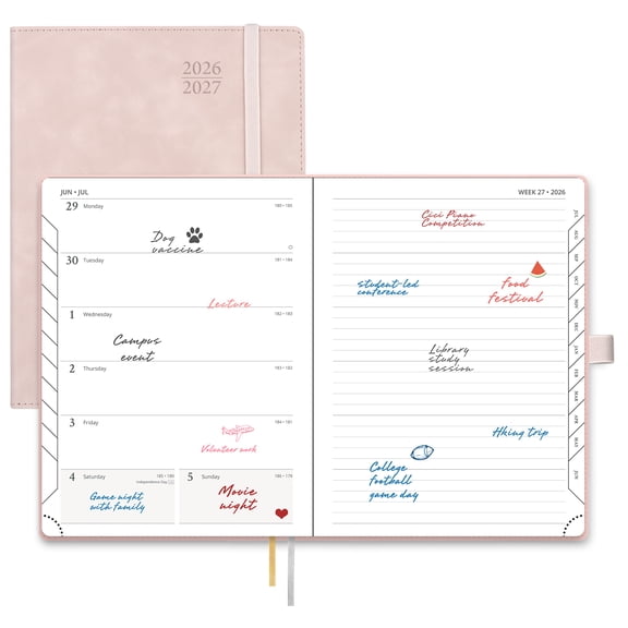 POPRUN Planner 2026-2027, Weekly and Monthly Academic Planner Calendar Notebook (Jul.26-Jun.27), 6.5"x8.5", Inner Pocket, Monthly Tabs, Leather Soft Cover - Soft Pink