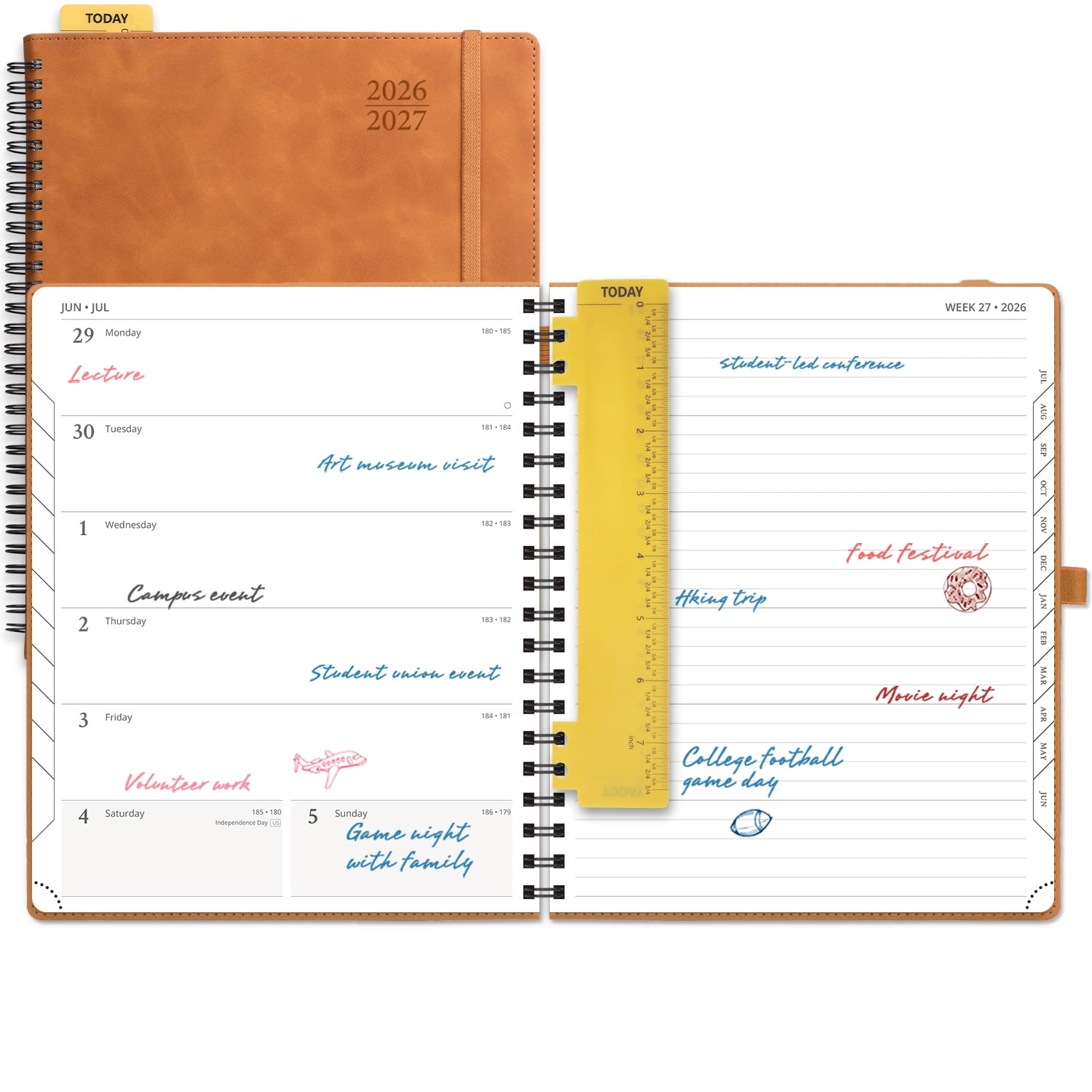 POPRUN Planner 2026-2027, Weekly and Monthly Academic Planner Calendar Notebook, Jul.26-Jun.27, 8.5" x 10.5", Inner Pocket, Monthly Tabs, Spiral Leather Cover - Brown